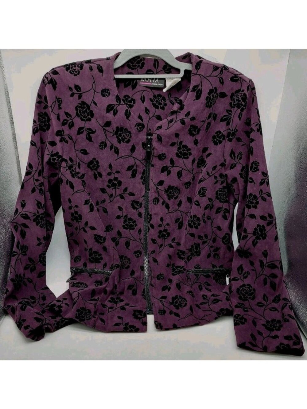 MHM Woman's Blazer Jacket Size 12 Purple Black Velvet Flowers Zipper Witchy Goth